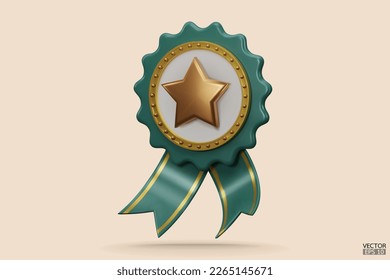 3D quality guarantees a medal with a star and ribbon. Green badge warranty icon isolated on beige background. Realistic graphics Certificate Badge icon, award badge. 3D vector illustration.