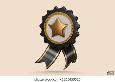 3D quality guarantees a medal with a star and ribbon. Black badge warranty icon isolated on beige background. Realistic graphics Certificate Badge icon, award badge. 3D vector illustration.