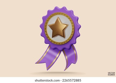 3D quality guarantees a medal with a star and ribbon. Purple badge warranty icon isolated on white background. Realistic graphics Certificate Badge icon, award badge. 3D vector illustration.