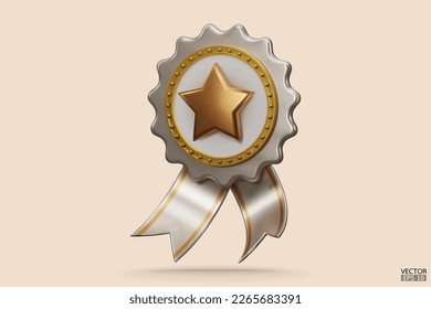 3D quality guarantees a medal with a star and ribbon. Beige badge warranty icon isolated on beige background. Realistic graphics Certificate Badge icon, award badge. 3D vector illustration.