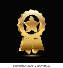 3D quality guarantees a medal with a star and ribbon. Realistic graphics Certificate Badge icon, award badge. 3D vector illustration.