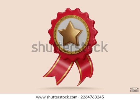 3D quality guarantees a medal with a star and ribbon. Red badge warranty icon with ribbon isolated on white background. Realistic graphics Certificate Badge icon, award badge. 3D vector illustration.