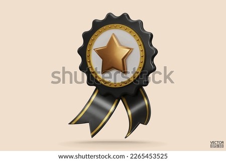 3D quality guarantees a medal with a star and ribbon. Black badge warranty icon isolated on beige background. Realistic graphics Certificate Badge icon, award badge. 3D vector illustration.