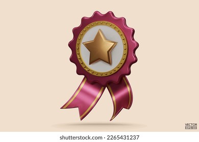 3D quality rose gold guarantees a medal with a star and ribbon. Badge warranty icon isolated on beige background. Realistic graphics Certificate Badge icon, Yellow award badge.3D vector illustration.