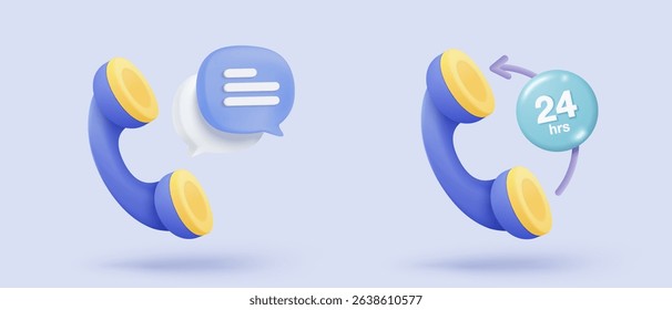3d question and answer 24 hours icon signs for consultation concepts. speaker feedback with operator help hotline contact. 3d support consultant talk icon buttons vector render illustration