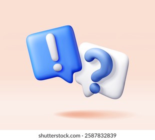 3d question and exclamation marks in speech bubble. Render questions exclamations symbol. Thin realistic icon. Concept of FAQ, support and help. Problem, survey, information. Vector illustration