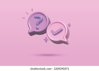 3d question mark and check mark icon vector illustration design on purple background. Question and answer concept.