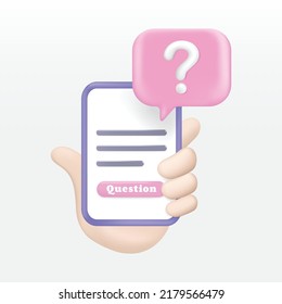 3d question mark icon and question button isolated on mobile screen phone in hand. 3d illustration vector rendering.
