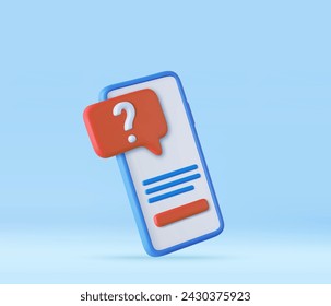 3d question mark icon and question button on mobile screen phone. question mobile phone. 3d rendering. Vector illustration