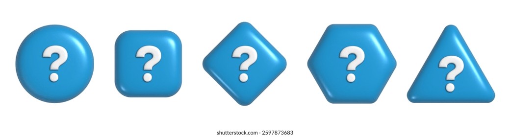 3d question mark icon set. Realistic white FAQ symbol on blue button. Different plastic geometric shapes with problem solution sign collection