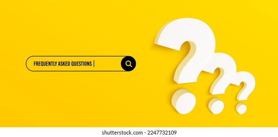 3d question mark and search bar template for website. Navigation search for browser. 3d quiz icon. Ask question template banner. Support FAQ information design. Find information banner. Vector