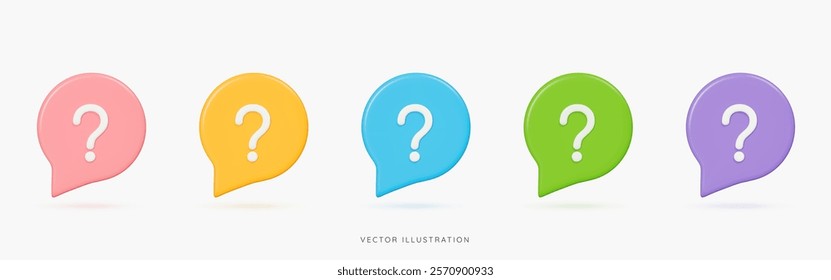 3D Question mark in speech bubble icon set. FAQ and support concept. Message box with question and answer sign. Cartoon design icons isolated on white background. 3D Vector illustration