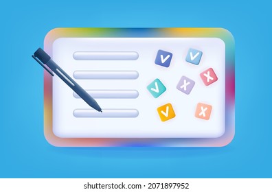 3d quiz with answer. Questionnaire survey with color test result. A paper form of a checklist page with answers to a test or exam. Training or education competition or smart quest. Vector illustration