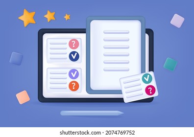3d quiz online. Distance learning, training, survey or exam. Correct and rejected answers in the checklist. The result of the quiz on the tablet screen. Remote workplace with a completed task. Vector