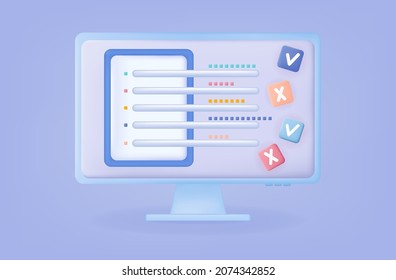 3d prueba en línea. El resultado de la formación, un examen, informe final o de conclusión. Evaluación anual o lista electrónica de verificación. Corregir o rechazar el resultado del cuestionario o cuestionario. Ilustración del vector