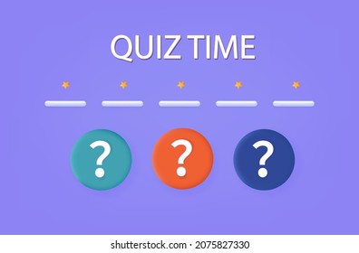 3d quiz time. Interview, competition or test. Signboard or template with a question mark and an exam, quiz or test assignment. Educational background for presentation or banner design. Vector