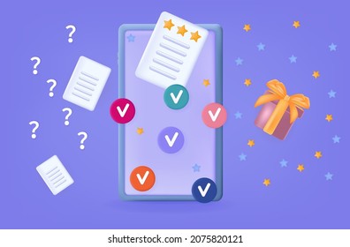 3d quiz winner. The concept of reward, motivation and receiving a gift for the correct answers of a quiz, competition, test, exam on the phone screen. Promotion, rally, competition with a star. Vector