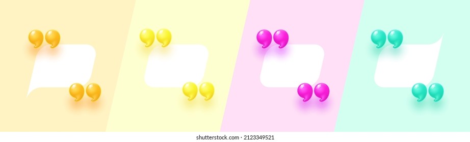 3d quote realistic render design in cute cartoon style volumetric icons of quotation marks. Innovative Quote speech bubble template. Modern Minimal 3d render cartoon design quotation bubble message