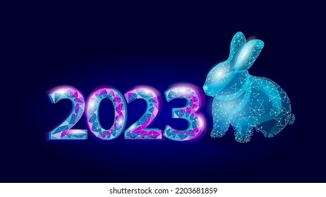 3D rabbit 2023 zodiac year sign concept. Chinese New Year holiday card. Low poly hare blue element background vector illustration