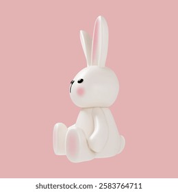 3D rabbit with long ears and paws, Easter bunny isolated on pink background. Cute spring decoration and holiday symbol for festive projects, greeting cards, and Easter design