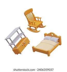 3D rack, rocking chair, double bed. Set of vector home furniture. Isolated illustrations in cartoon style. Web templates for interior design. Bedroom decor