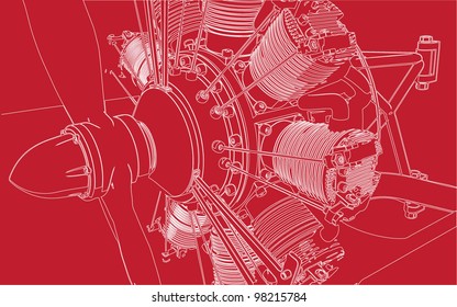 Ilustración 3D del cilindro del motor radial en el fondo rojo.Imagen del vector.