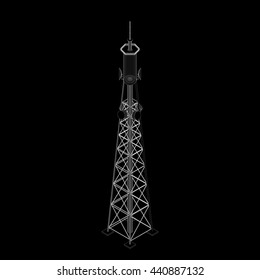 3d Radio Tower.Isolated On Black Background.3d Isometric Style. Vector Outline Illustration.