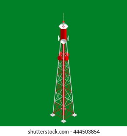 3d Radio Tower.Isolated On Green  Background. 3d Isometric Style. Vector Illustration.