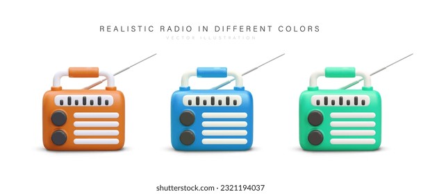 3D radio tuners in different colors. Set of isolated vector illustrations with shadows. Wireless radio receiver for hike, walk, camp, picnic. Design in unisex colors