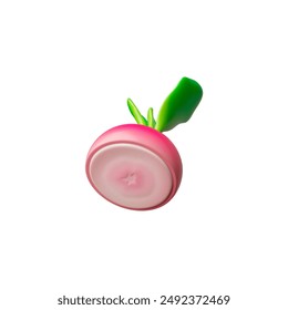 Diseño de rábano 3D. Ilustración vectorial de un rábano cortado por la mitad con hojas verdes, ideal para Sitios web de recetas y temas de alimentación saludable. Fondo blanco aislado.
