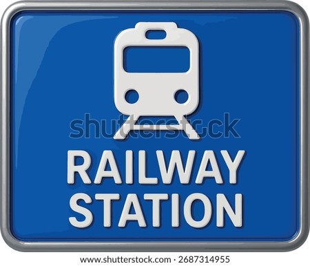 3d railway station sign with train icon and text for travel and transportation vector