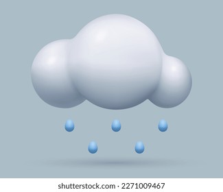 3d rain weather icon. Realistic vector three dimensional cloud with raindrops on grey sky background. Cute cartoon plastic design element.