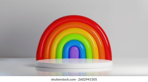 3D rainbow arch behind white round podium with colorful light reflections on glossy surface. Vibrant multicolored semicircles with cylinder stage in light studio interior for product display.