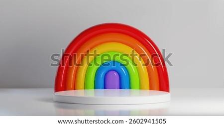 3D rainbow arch behind white round podium with colorful light reflections on glossy surface. Vibrant multicolored semicircles with cylinder stage in light studio interior for product display.