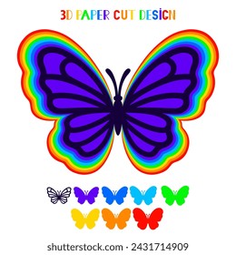 Silueta de vector de mariposa arco iris 3D. Insecto en capas. Plantilla para corte láser y papel, impresión en una camiseta, taza. Estilo plano. Elemento decorativo dibujado a mano para su diseño.