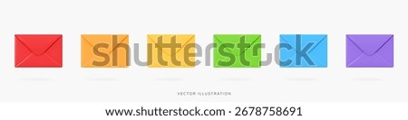 3D Rainbow close envelopes icon set. Subscribe to newsletter. Email message. Send post card. Envelope with letter or document. Mail notification. Cartoon design icons. 3D Vector illustration