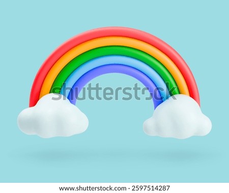 3D rainbow with clouds. Cartoon colorful realistic weather icon on blue background. Plasticine or clay vector design element for children banner, summertime flyer, seasonal events