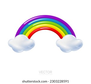 3d rainbow with clouds cartoon style. Weather phenomenon concept. Vector illustration of colorful arc with cloud.