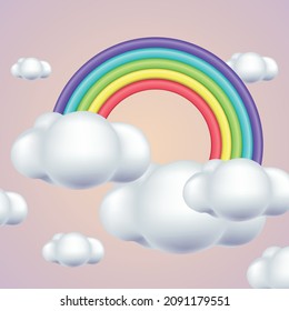3.ª arcoiris y nubes en adorable estilo de dibujos animados con fondo color púrpura pastel