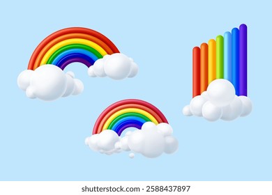 3d rainbow clouds. Render plasticine rainbows clay cloud, spring accessories for kids game or abstract sky background, creative cute arc unicorn element exact vector illustration original artwork
