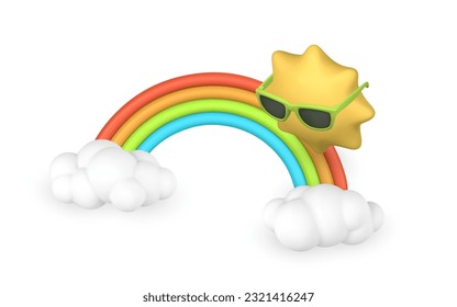 3d rainbow with clouds and sun in cartoon style. Phenomenon Concept. Vector illustration.