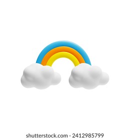 3d rainbow with clouds. 3D weather icon. Render colorful rainbow, clouds. Cartoon summertime object, realistic meteorology design element plasticine clay texture isolated on white