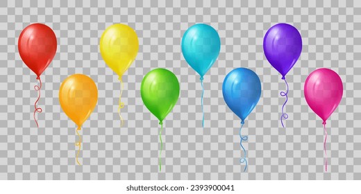 3d rainbow colored balloons for birthday party, anniversary celebration, festive decoration. Red, pink, yellow, green and blue inflatable balloons with helium and ribbons, vector cartoon illustration