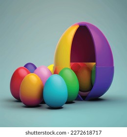 3D Rainbow and Colorful eggs, easter, holidays sculpture funny egg, render, vector