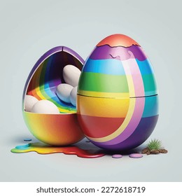 3D Rainbow and Colorful eggs, easter, holidays sculpture funny egg, render, vector