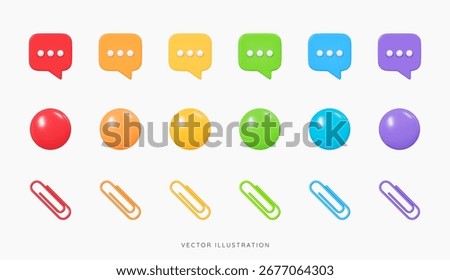 3D Rainbow emoji icon pack. Speech bubble message with dots, colorful glossy ball and paper clip. Social media elements. Cartoon design objects isolated on white background. 3D Vector Illustration