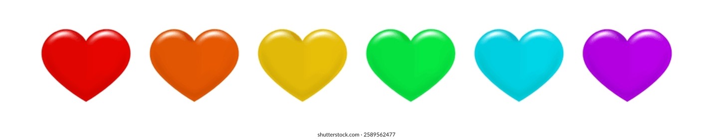 3D Rainbow Glossy Heart Icons Set Collection. Colorful Valentine's Day Emoji Collection. Cartoon Heart and Love Designs for Love. Vector.