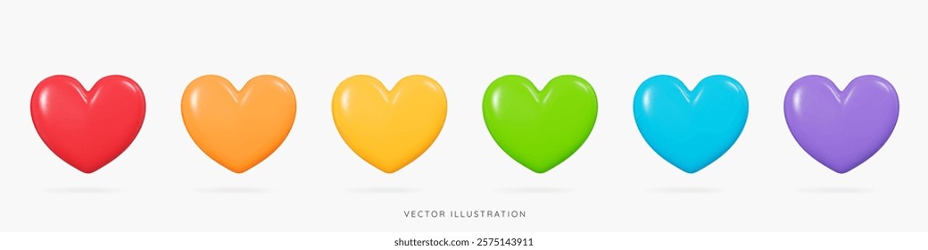 3D Rainbow glossy Hearts icon set. Valentines and love collection. Multicolored emoji like. Heart shape. Cartoon creative design icons isolated on white background. 3D Vector illustration