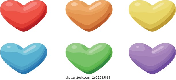 Conjunto de ícones 3D Rainbow brilhante Hearts. Valentim e coleção de amor. Emojis multicoloridos como.