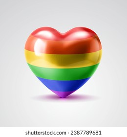 3D rainbow heart with glares and shadow on white basckground.  LGBT symbol. LGBTQIA+ Pride month celebration.